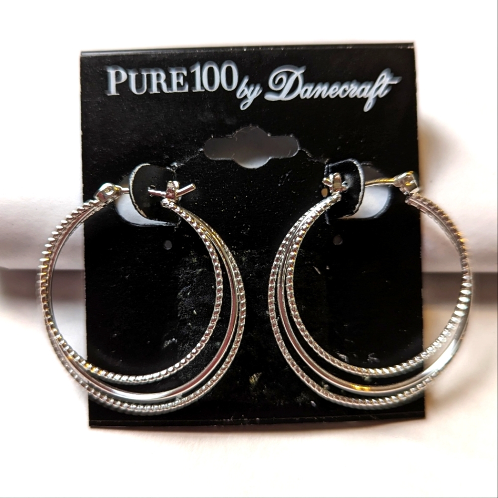 🟡 2/$20 Pure 100 by Danecraft Silver Tone Triple Hoop Earrings BNWT